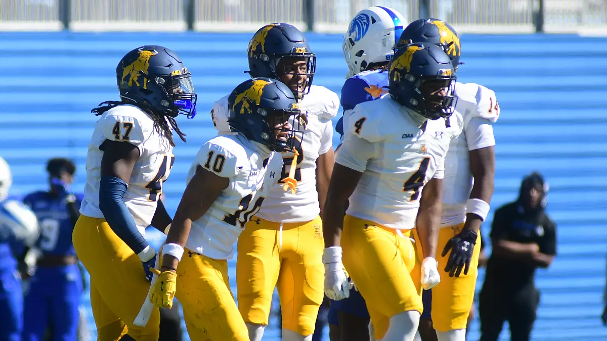 Johnson C. Smith players celebrate a big play against Fayetteville State