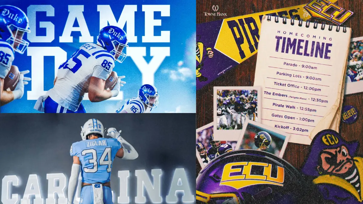 North Carolina FBS college football game day collage, featuring Duke, UNC and ECU football.