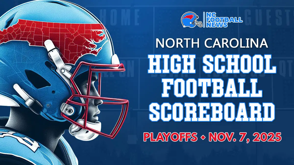 North Carolina high school football scoreboard graphic for the opening round of the state playoffs (Nov. 7, 2025)