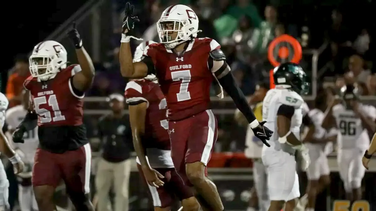 Travis Burton celebrates after a big play for Guilford football during the 2025 season.