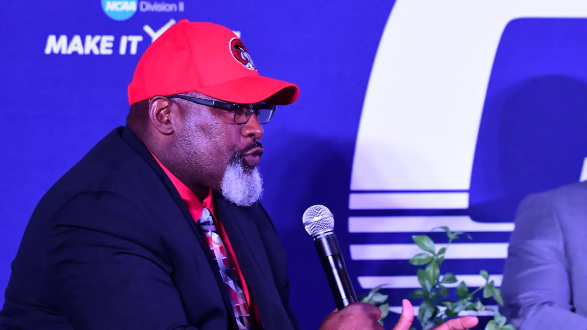Winston-Salem State football coach Robert Massey talks during CIAA media day in July 2025