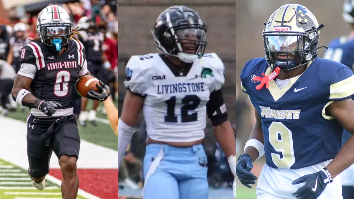 A collage of action photos featuring Lenoir-Rhyne's Tye Roberson, Livingstone's Kenyon Garner and Wingate's Jaylen Himes, each of whom were named first-team D2 All-America by the AFCA