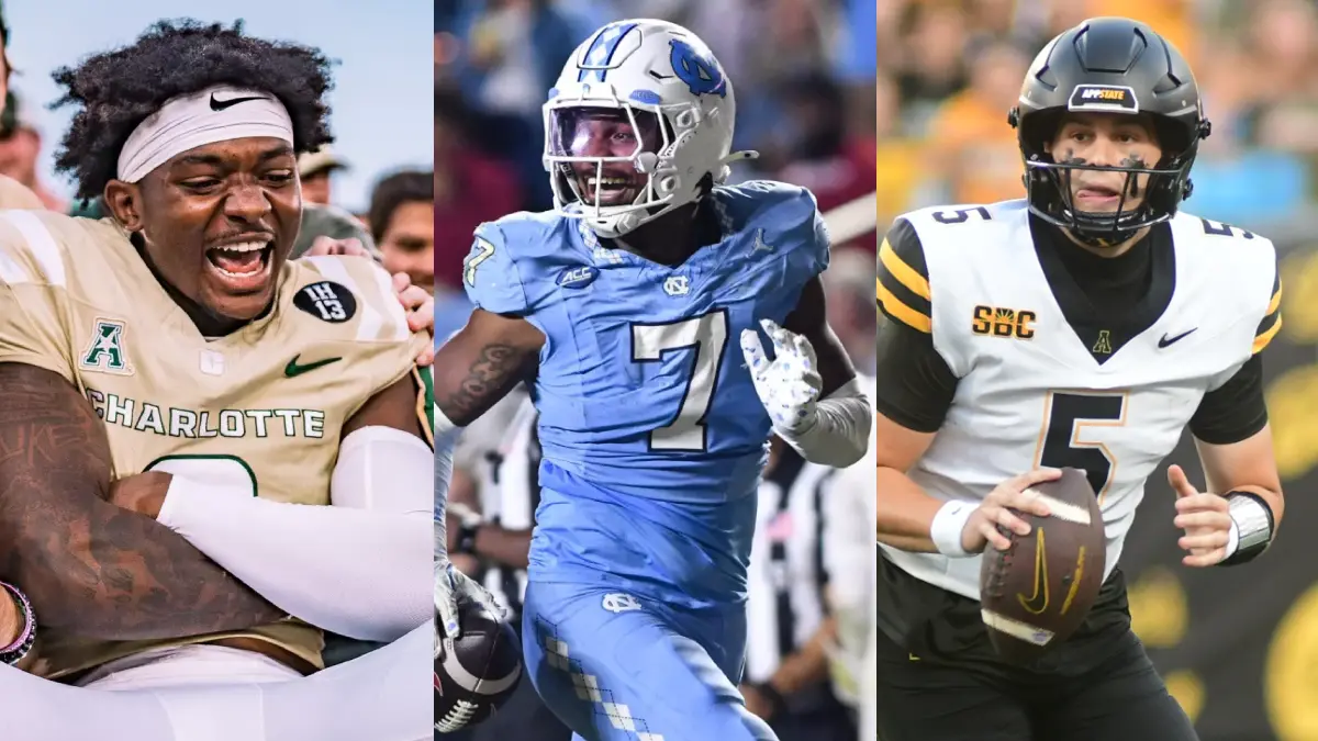 North Carolina FBS transfer tracker, featuring Cary Grant (Charlotte), Khmori House (UNC) and AJ Swann (Appalachian State).