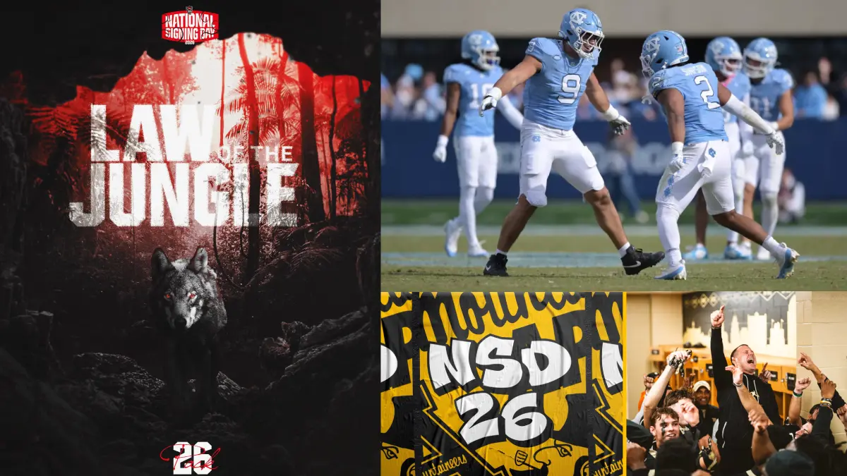 Early signing period graphic featuring images and branding for NC State, UNC, Wake Forest and Appalachian State football.