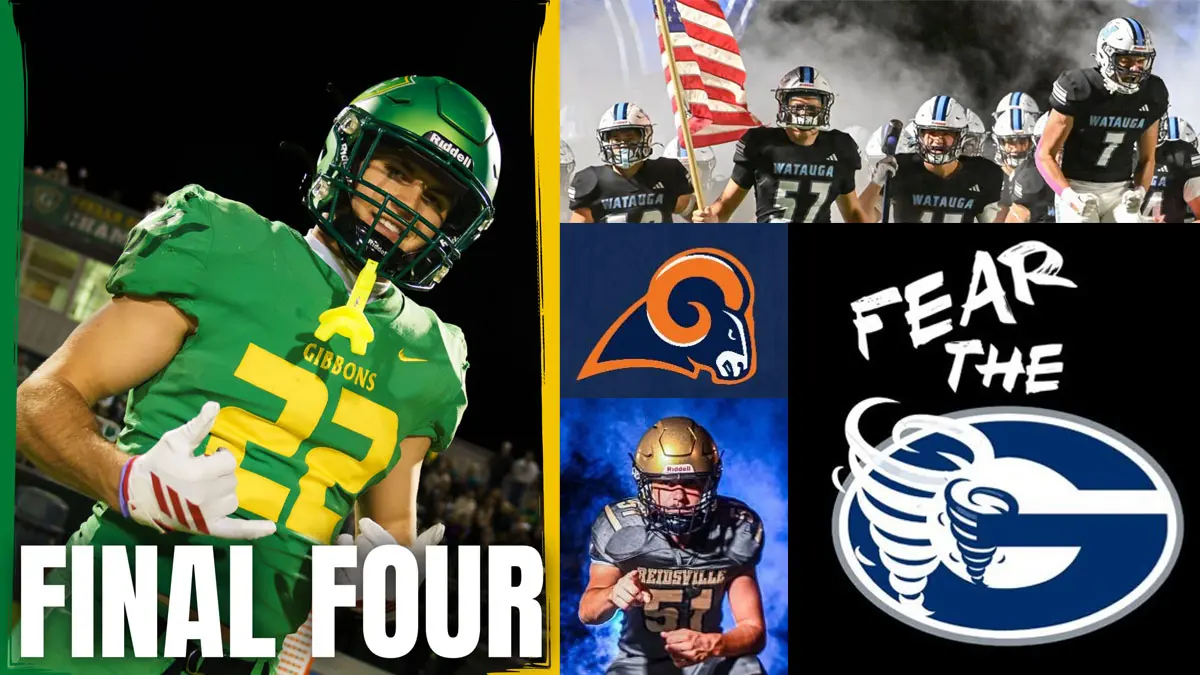 Game-day collage for North Carolina high school football playoffs featuring Cardinal Gibbons, Watauga, Starmount, Grimsley and Reidsville football teams