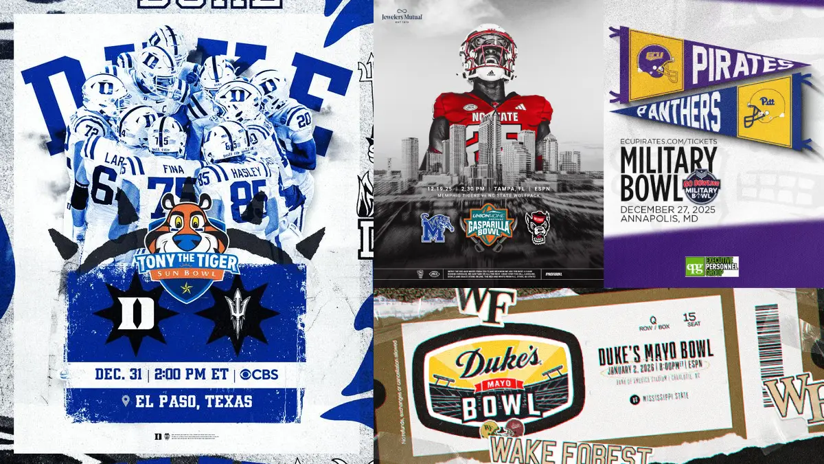 A collage of bowl game announcements from Duke football, NC State, Wake Forest and East Carolina