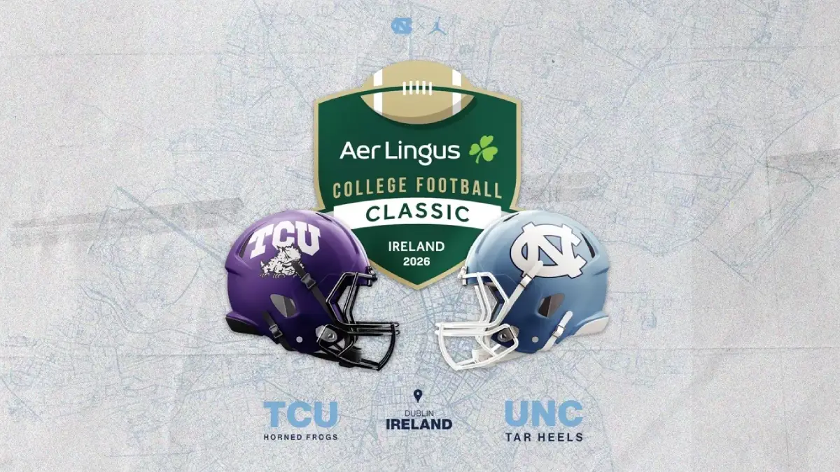 Game graphic promoting the 2026 Aer Lingus College Football Classic between UNC and TCU