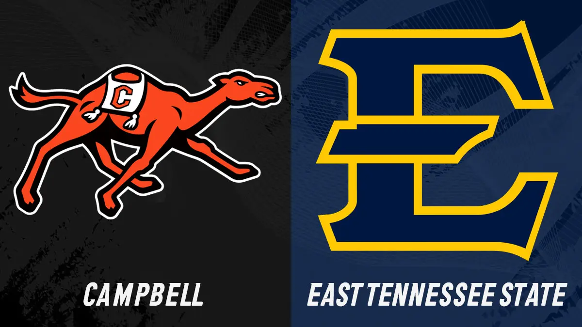 Left side shows Campbell University's camel mascot; right side displays ETSU's blue-gold logo with 'East Tennessee State' text.