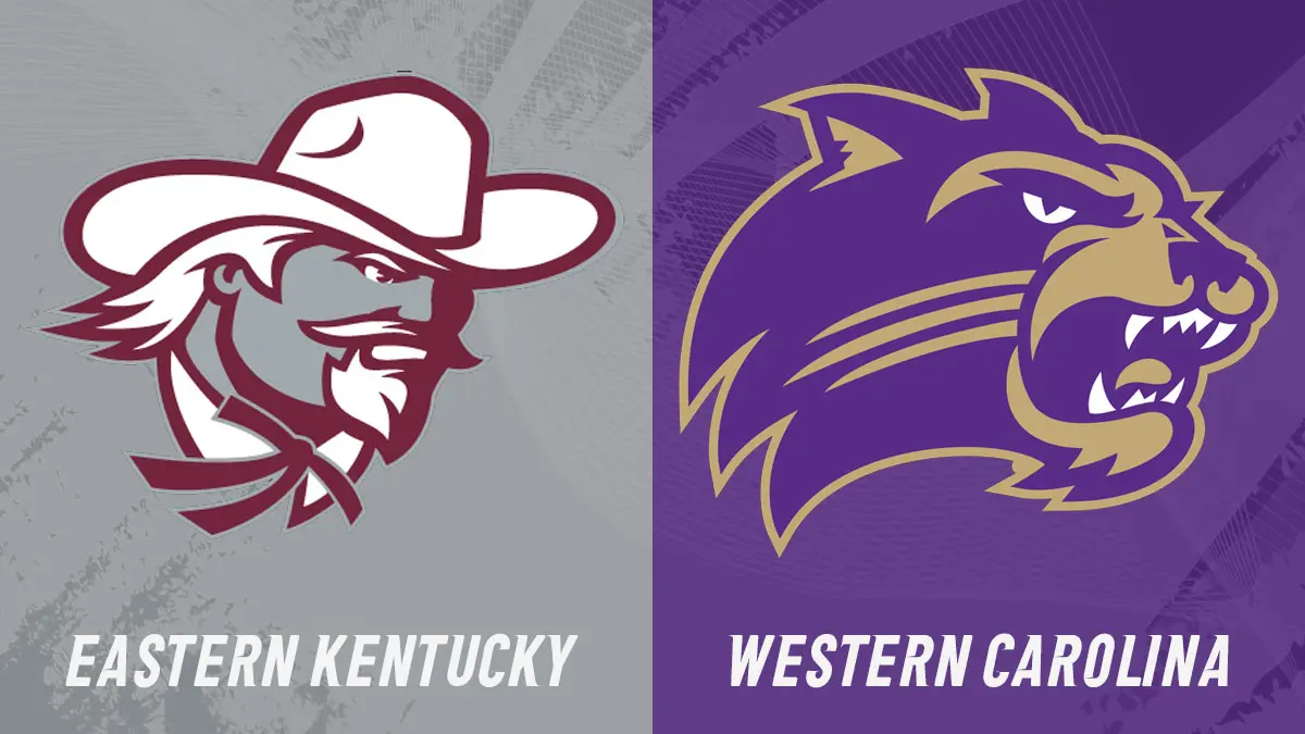 Split image showing Eastern Kentucky Colonels logo (cowboy head) on gray left and Western Carolina Catamounts logo on purple right.