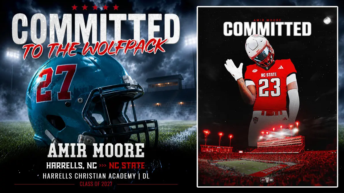 Amir Moore, defensive lineman for Harrells Christian Academy, announces his college commitment to NC State.