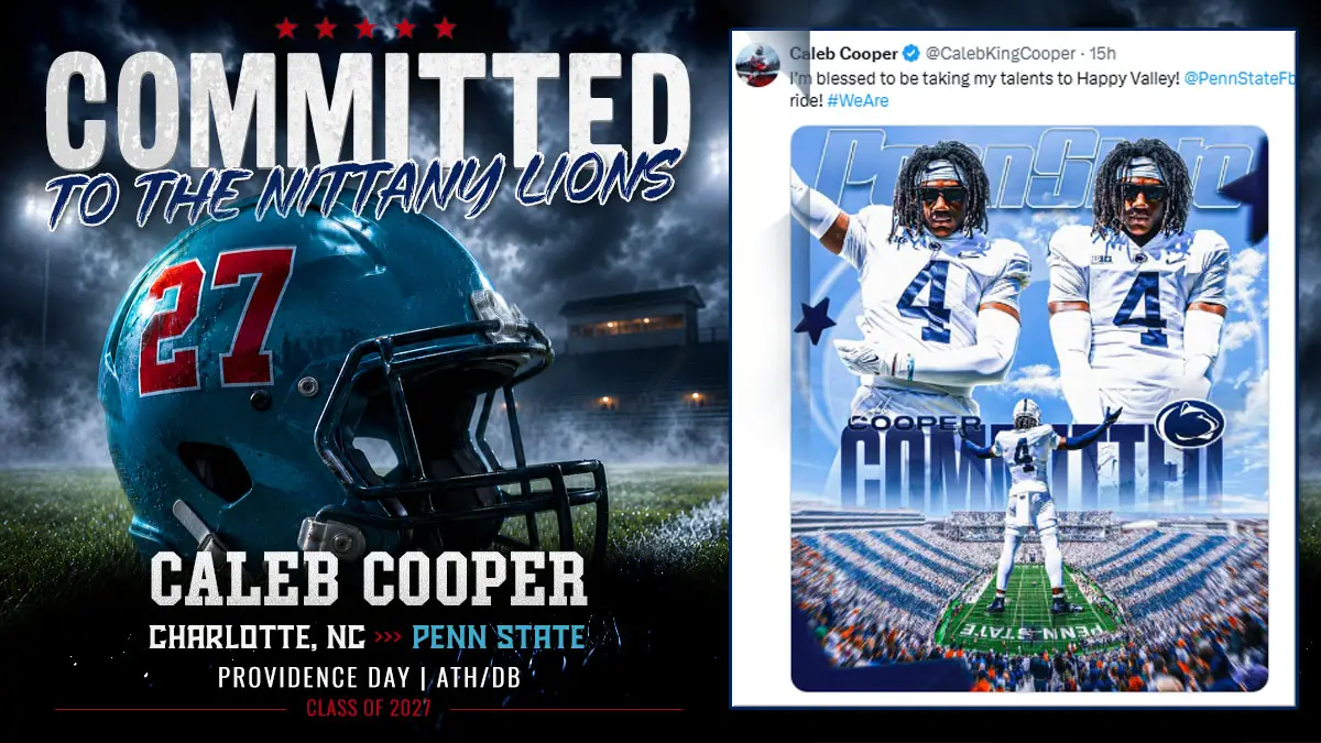 Commit graphic for Providence Day athlete Caleb Cooper, who committed to Penn State on June 8