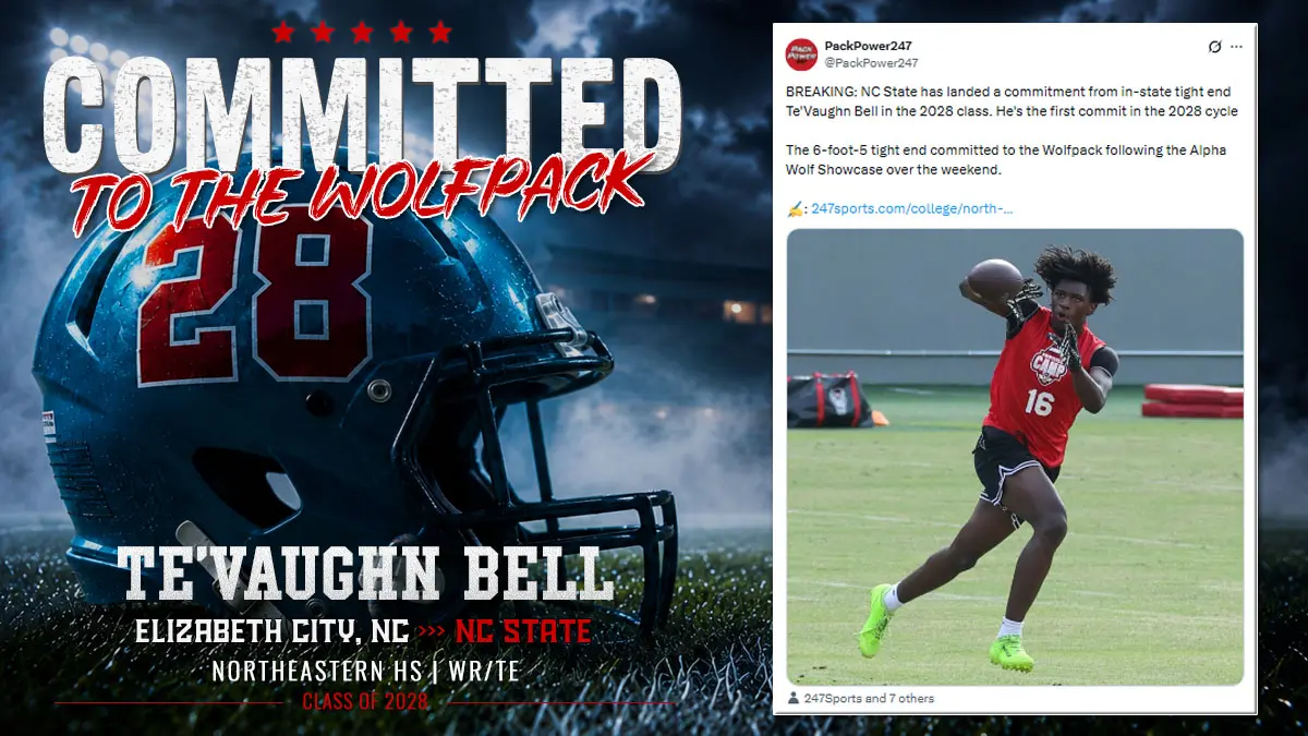 Northeastern WR/TE Te'Vaughn Bell has committed to NC State for 2028.