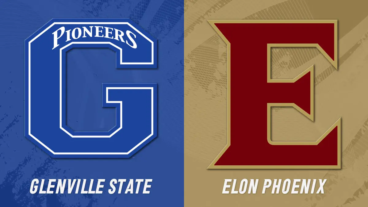 Split-screen graphic showing Glenville State (blue) and Elon Phoenix (gold) logos, indicating a matchup.