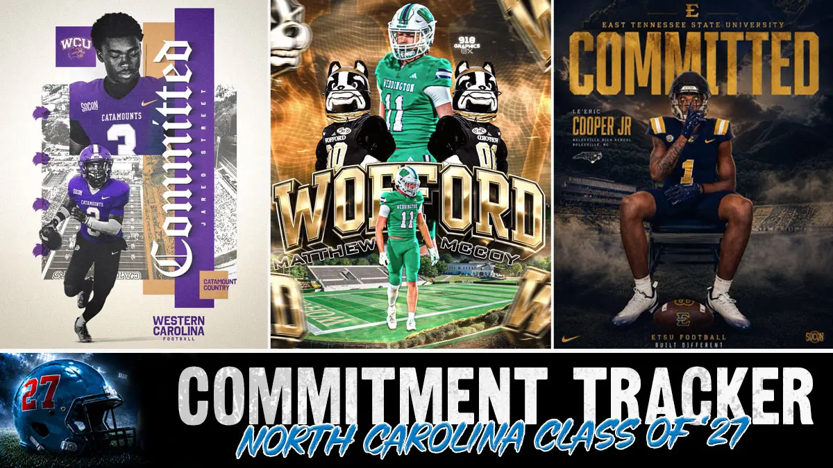 North Carolina 2027 commitment tracker including commitment graphics from Jared Street, Matthew McCoy and Le'Eric Cooper Jr.