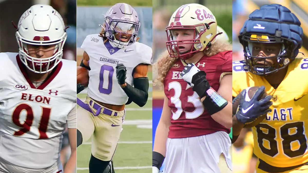 Close-up images of 2026 Stats Perform Preseason All-America football players Luke Barnes (Elon), Ken Moore Jr. (WCU), Brodie Carroll (Elon) and Elijah Kennedy (NC A&T).
