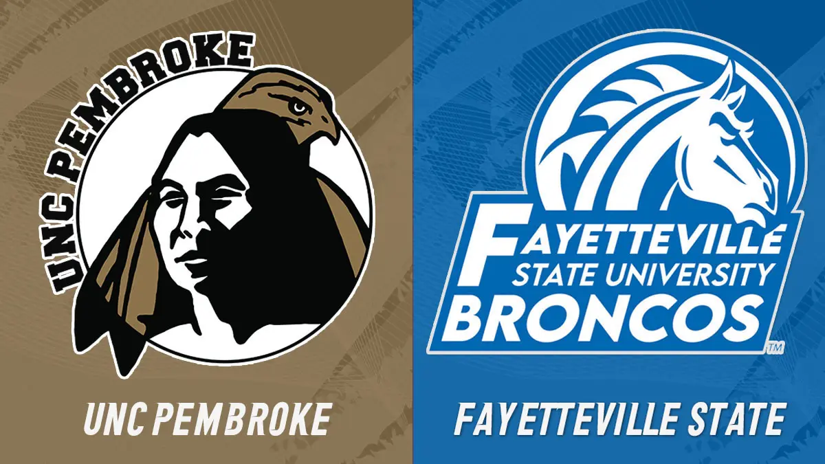 UNC Pembroke at Fayetteville State football game graphic, with logos from UNCP and Fayetteville State