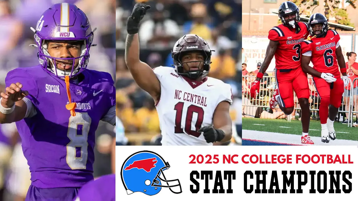 Side by side images of WCU quarterback Taron Dickens, NCCU defensive lineman Thomas Johnson and Catawba players Cam Johnson and Bo Pryor for a Stat Champions feature