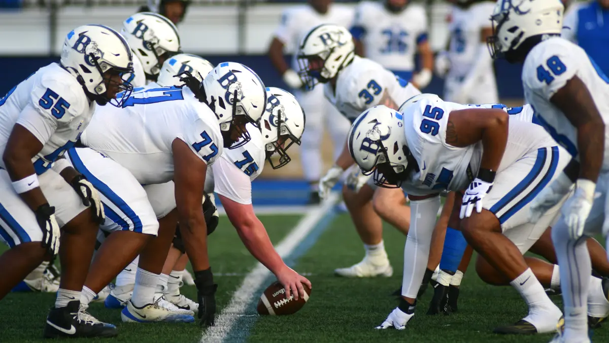 Sideline view of the line of the scrimmage during Barton College's spring football game in April 2026