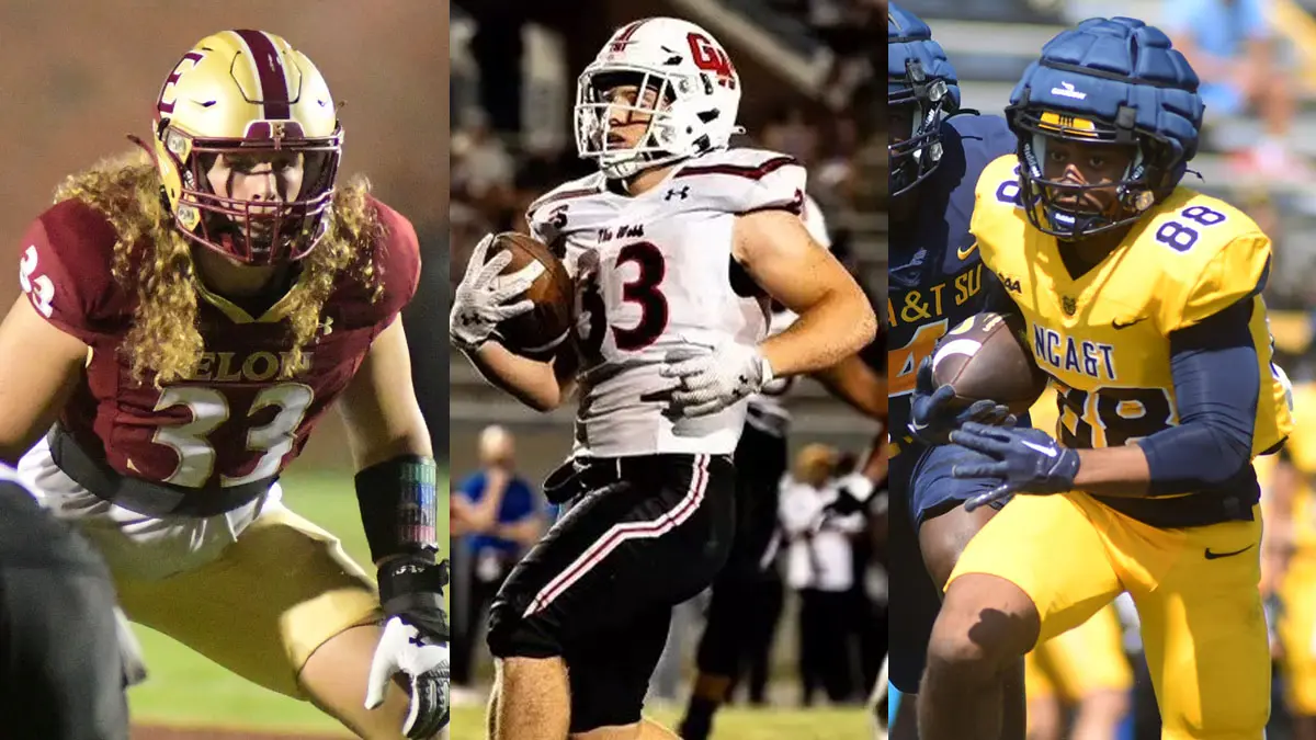 Side-by-side game images of FCS Preseason Players of the Year: Elon’s Brodie Carroll, Gardner-Webb’s Carson Gresock and NC A&T’s Elijah Kennedy.