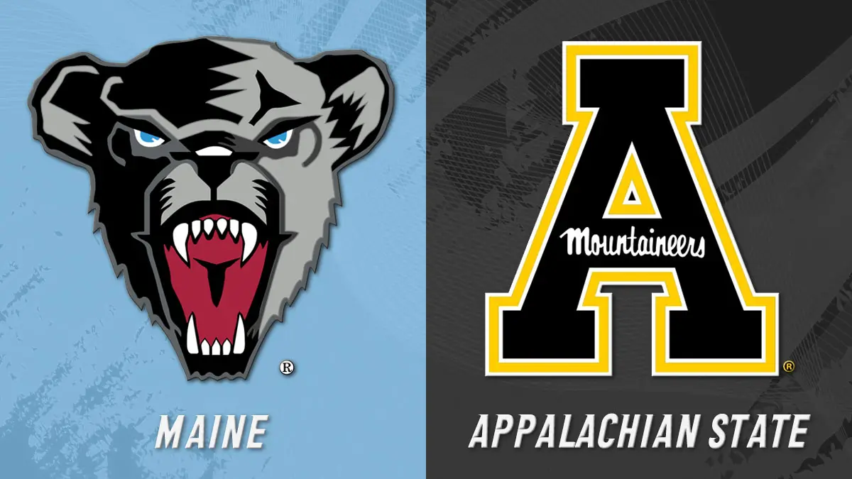 Two college logos side by side: Maine's snarling bear on a blue background and Appalachian State's large black-and-gold A with 'Mountaineers' script on gray.