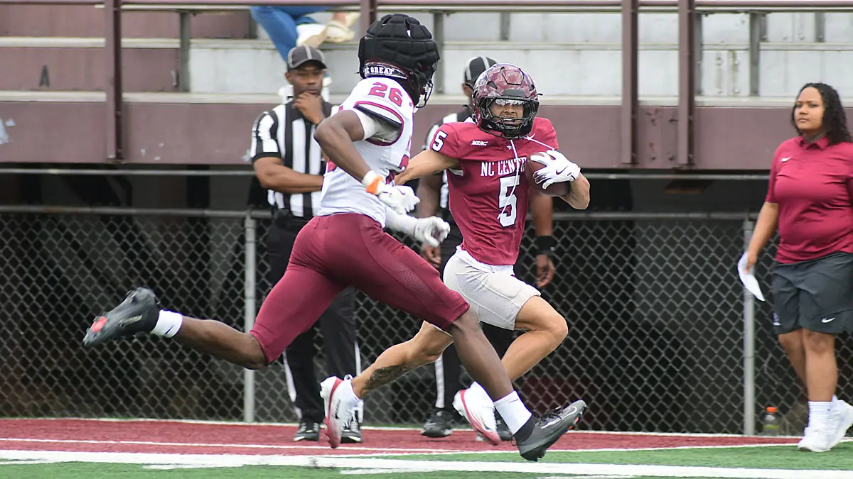 North Carolina Central wide receiver Chance Peterson dashes down the sideline during the Eagles' spring game in April 2026