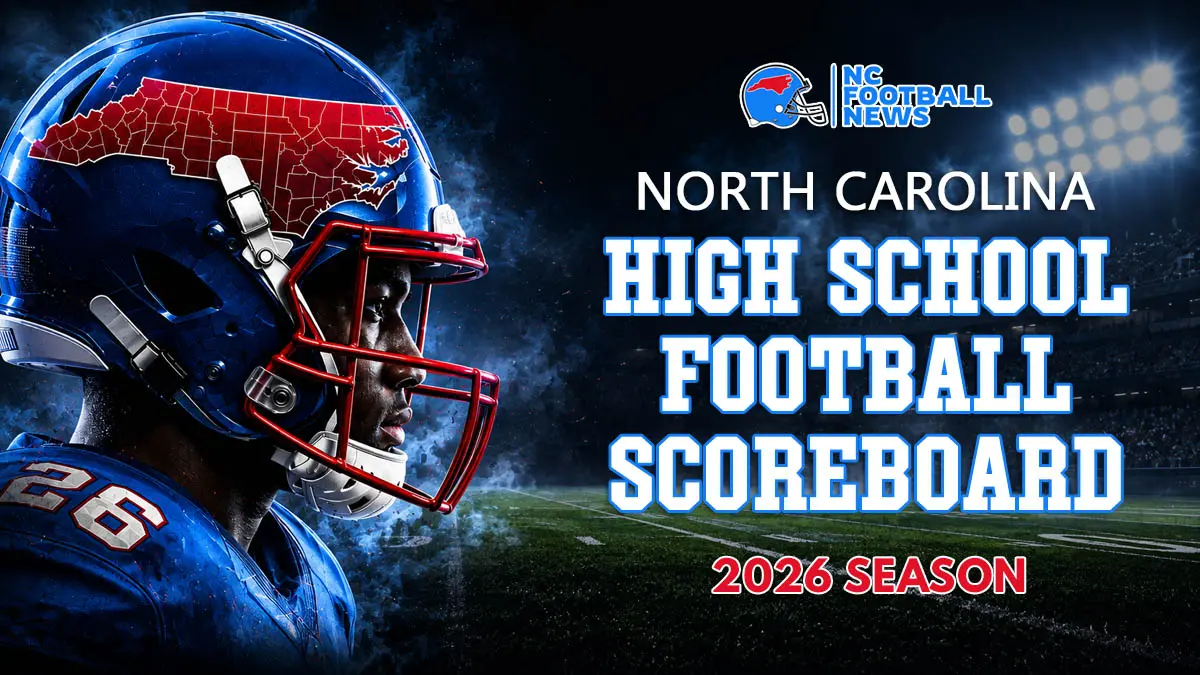 AI generated image of a football player wearing a blue helmet with a red map of North Carolina on the side along with the text "North Carolina High School Football Scoreboard: 2026 Season"