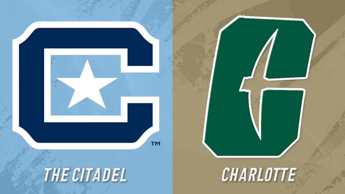 Split image of college logos: The Citadel on a blue left with a large C and star; Charlotte on a tan right with a bold green C.
