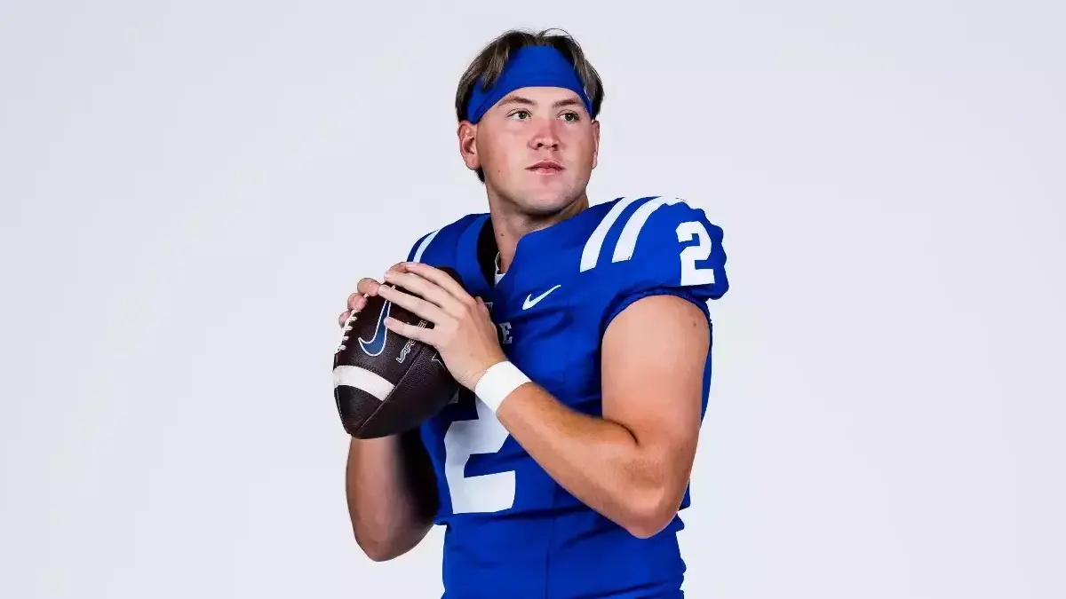 Duke football quarterback Walker Eget poses, with a white background