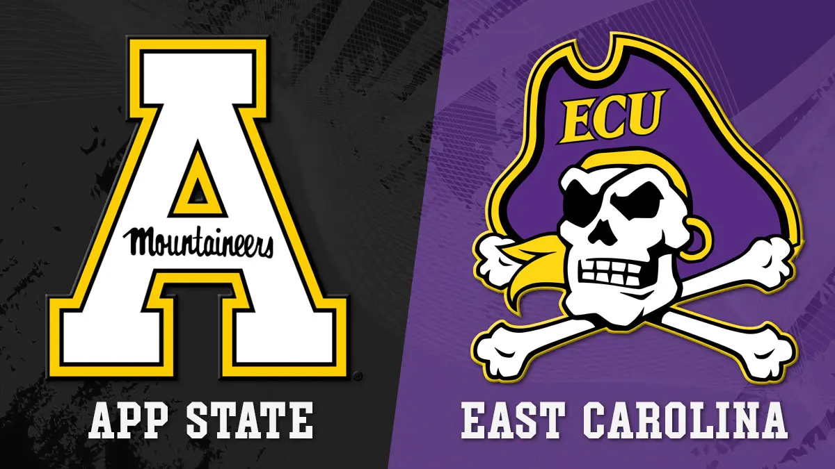 App State at East Carolina football game graphic for the 2026 season, featuring the logos of each school