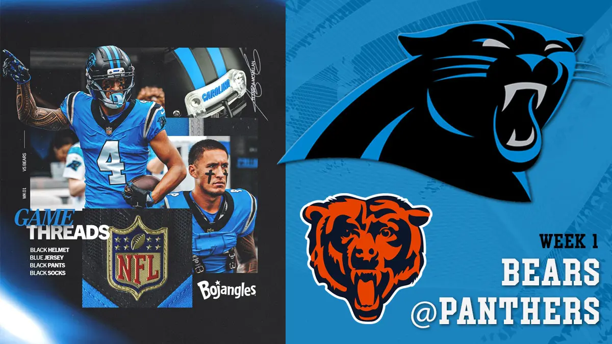 Carolina Panthers Game Today graphic including game threads the team plans to wear for the game