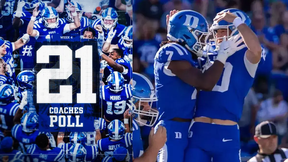 Side-by-side images of Duke football, which earned a No. 21 national ranking in the latest US LBM Coaches Poll top-25.