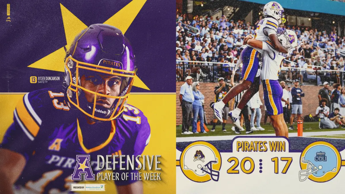 Graphics depicting East Carolina's 20-17 football win over Old Dominion, including the final score and conference defensive player of the week Ayden Duncanson