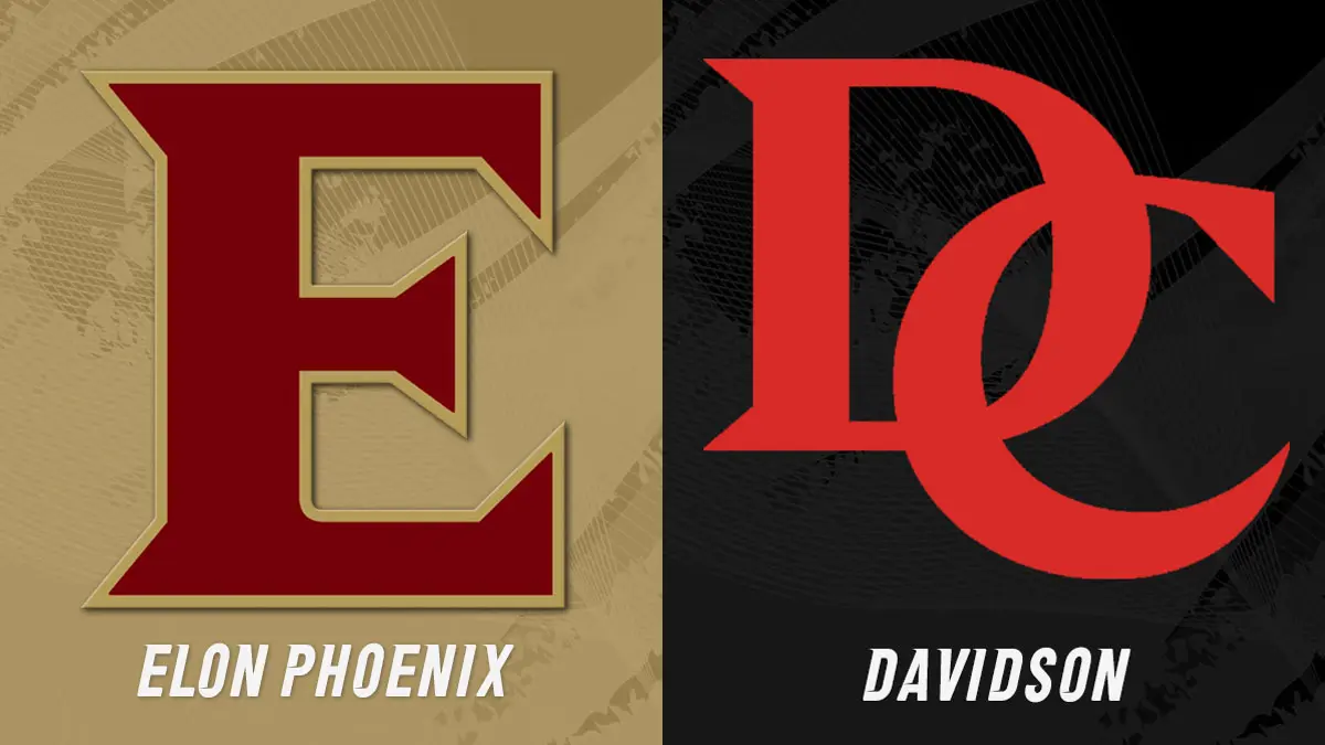 Football game graphic featuring Elon (gold and maroon) and Davidson (red and black) logos.