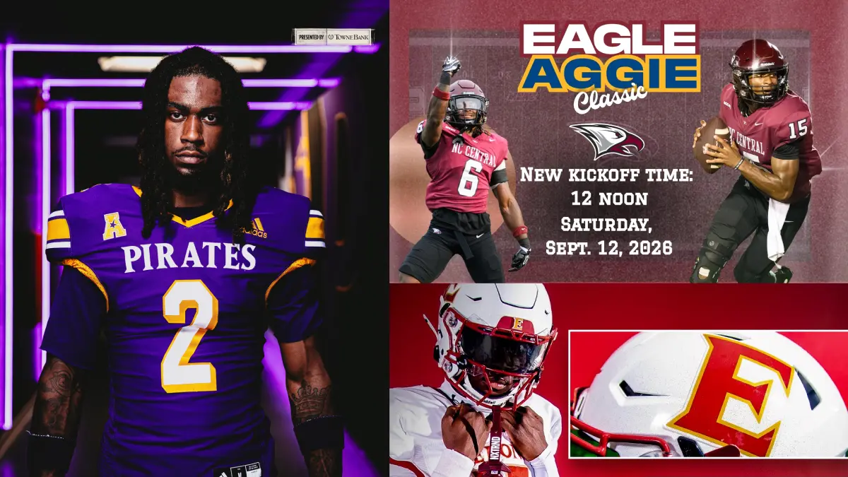 North Carolina college football games today featured image including players from East Carolina, North Carolina Central and Elon.