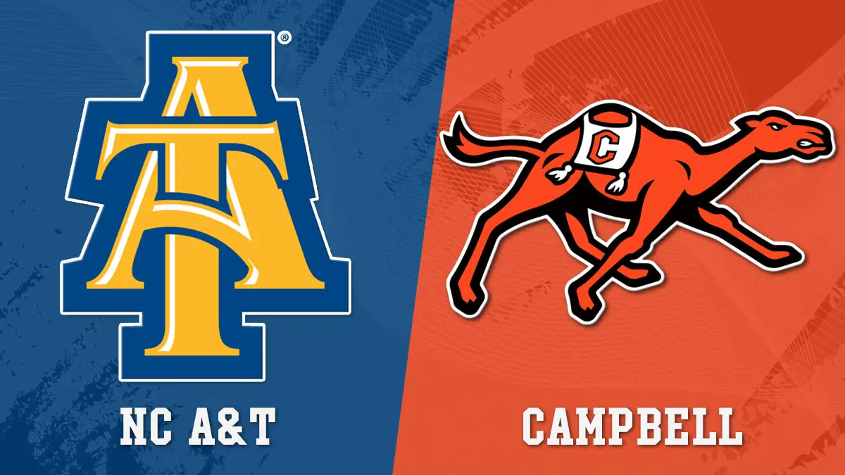 North Carolina A&T at Campbell college football matchup graphic 2026, featuring logos from each team.