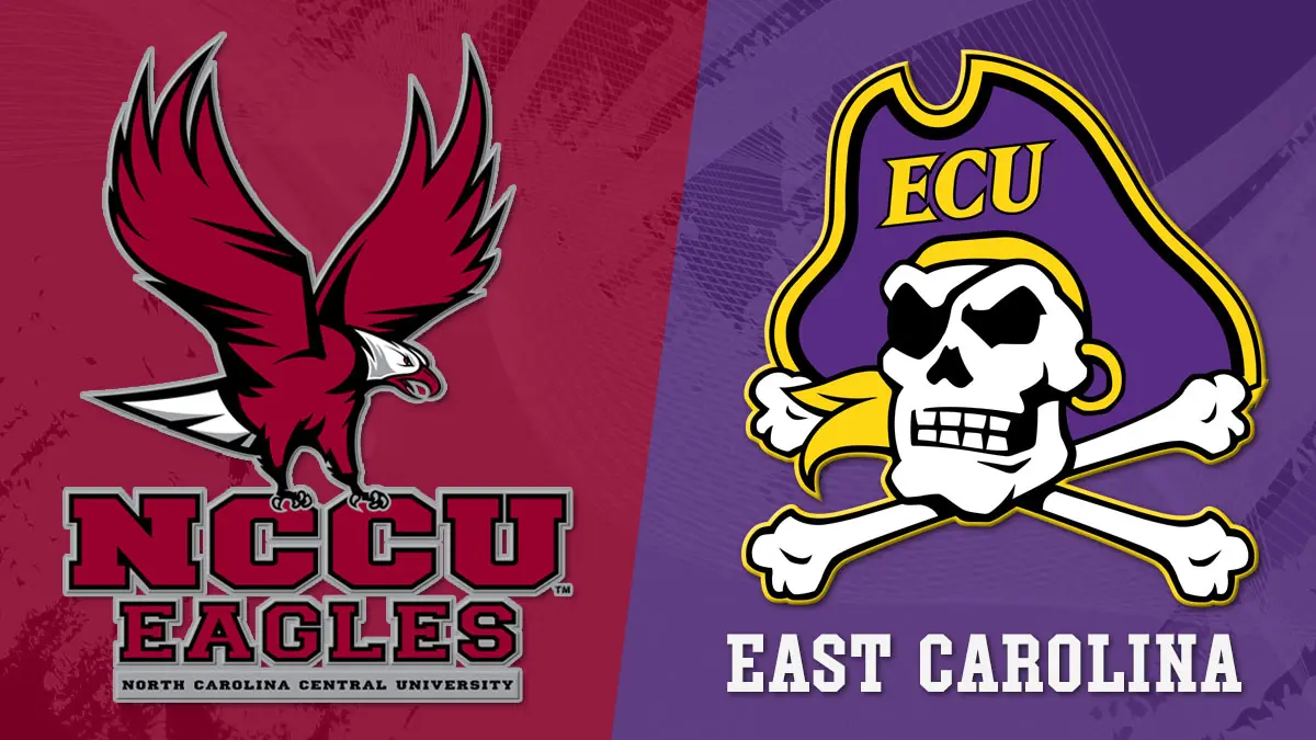 NCCU at East Carolina college football matchup graphic 2026, featuring logos from each team.