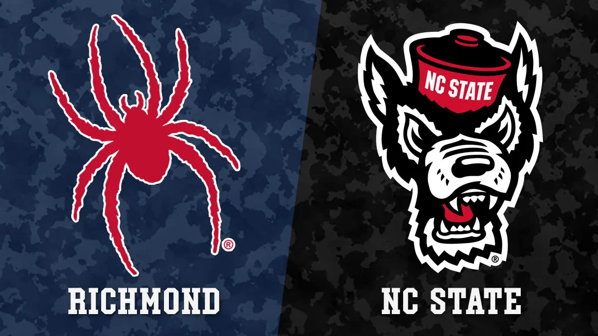 Split image showing Richmond Spider logo on left and NC State Wolfpack logo on right against blue and black camo background, with team names beneath each logo in white text.