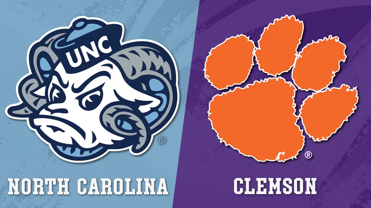 Split-screen graphic showing the UNC Tar Heels ram mascot on a blue background and Clemson's orange paw logo on purple on the right, representing a UNC vs Clemson matchup.
