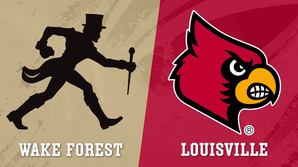 Split-screen graphic showing Wake Forest Demon Deacon logo and Louisville Cardinals logo with team names for a college game graphic.