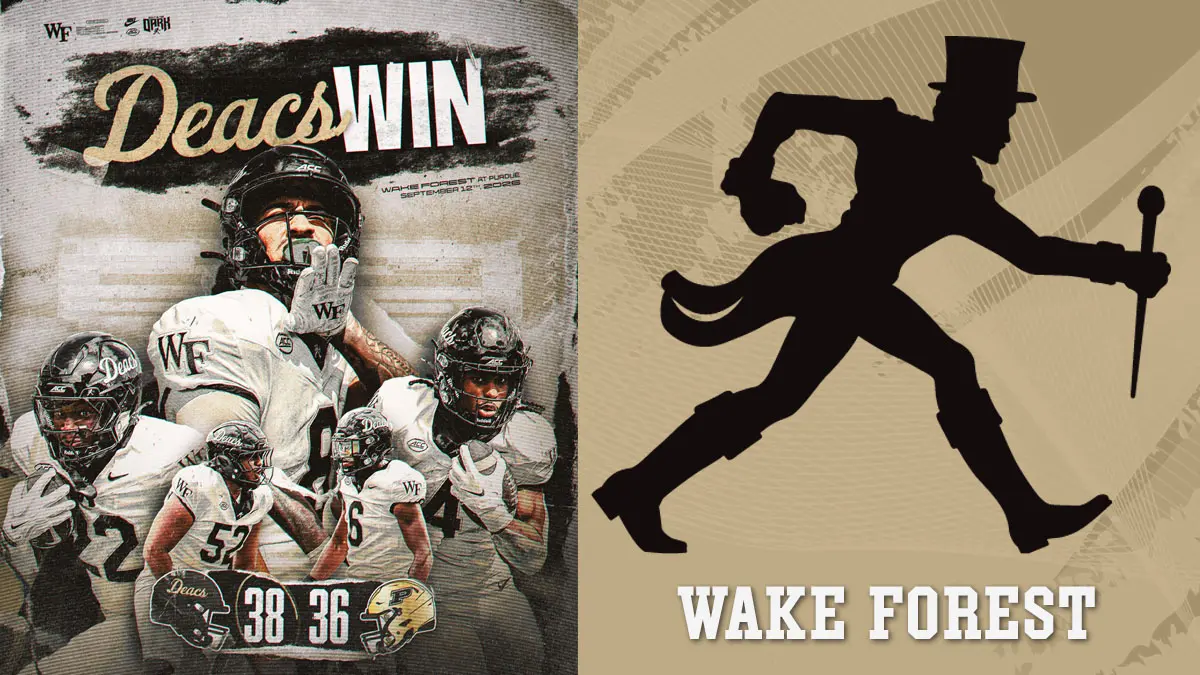 Split image: left collage of Wake Forest football players celebrating a win with 'Deacs WIN' text; right shows a running silhouette with top hat and cape and 'WAKE FOREST' text.