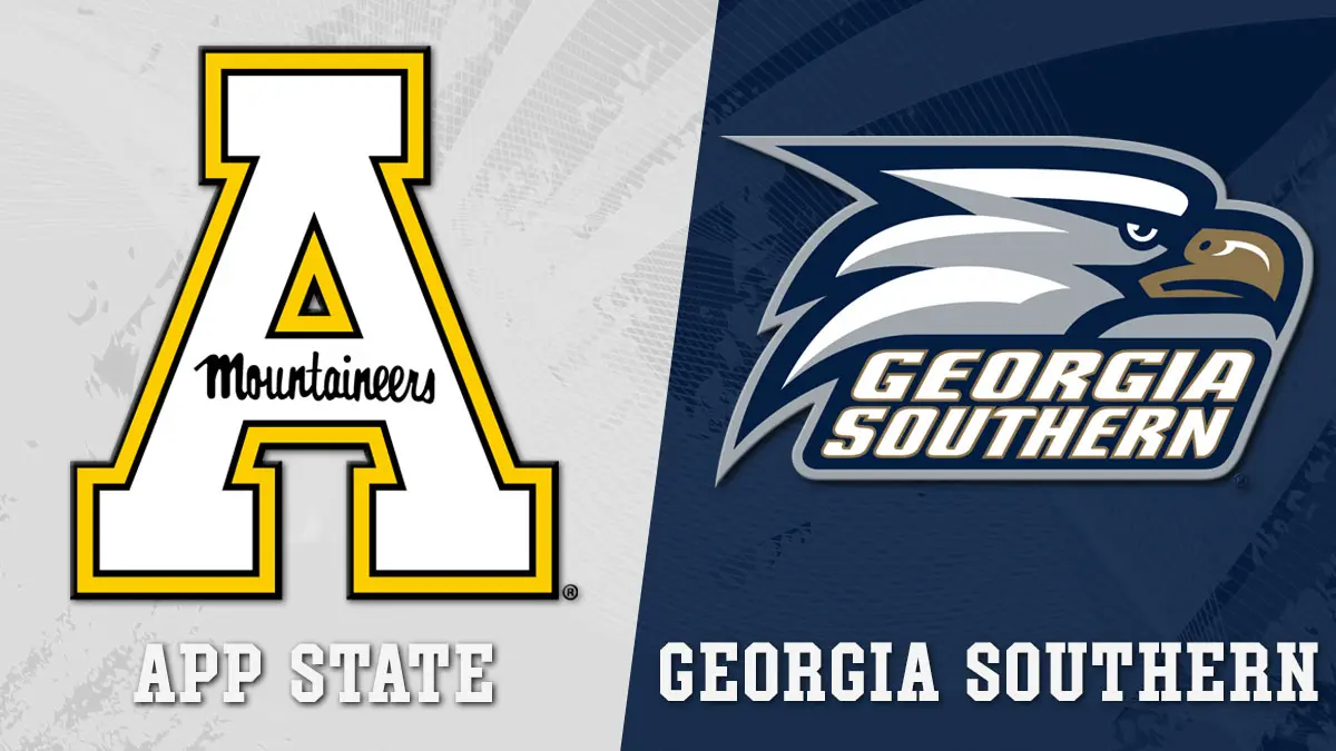 Appalachian State vs. Georgia Southern matchup graphic for 2026 college football game, featuring logos from each team.