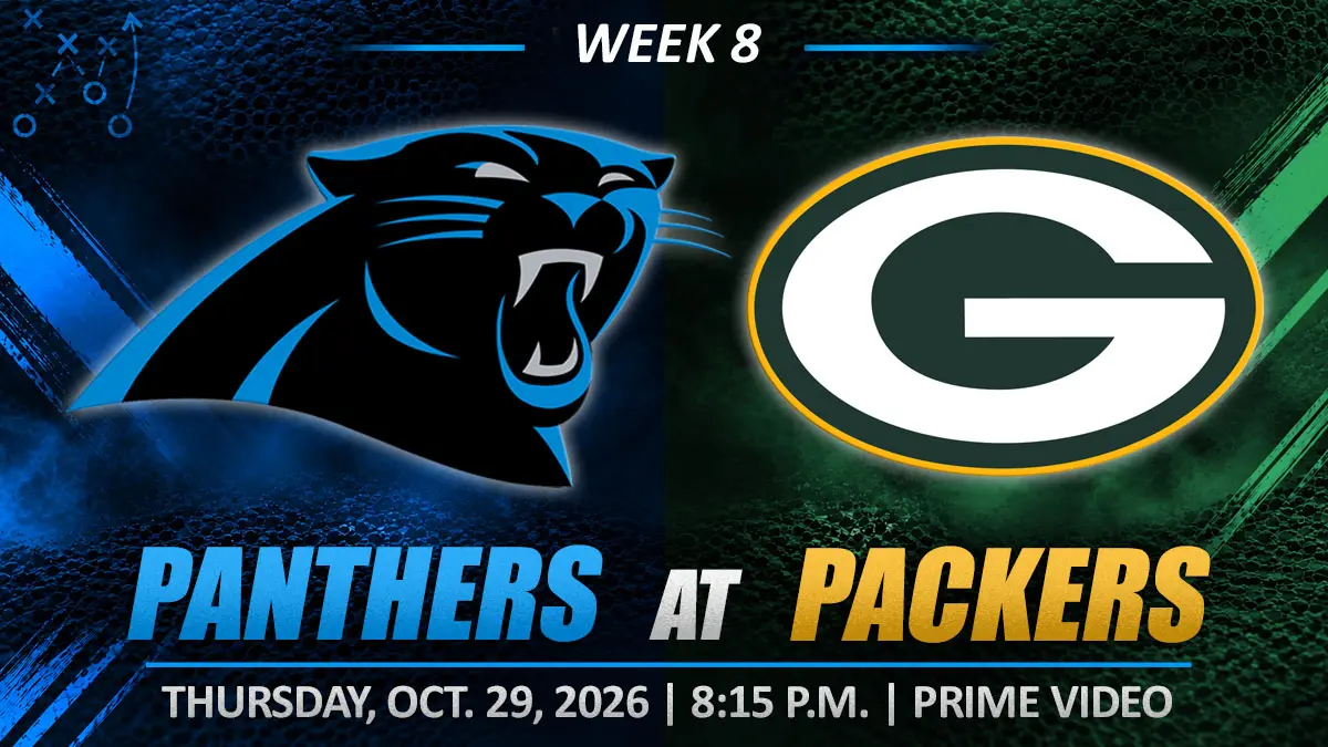Game Center graphic for the Carolina Panthers and Green Bay Packers matchup in NFL Week 8 (2026), including team logos and game information.