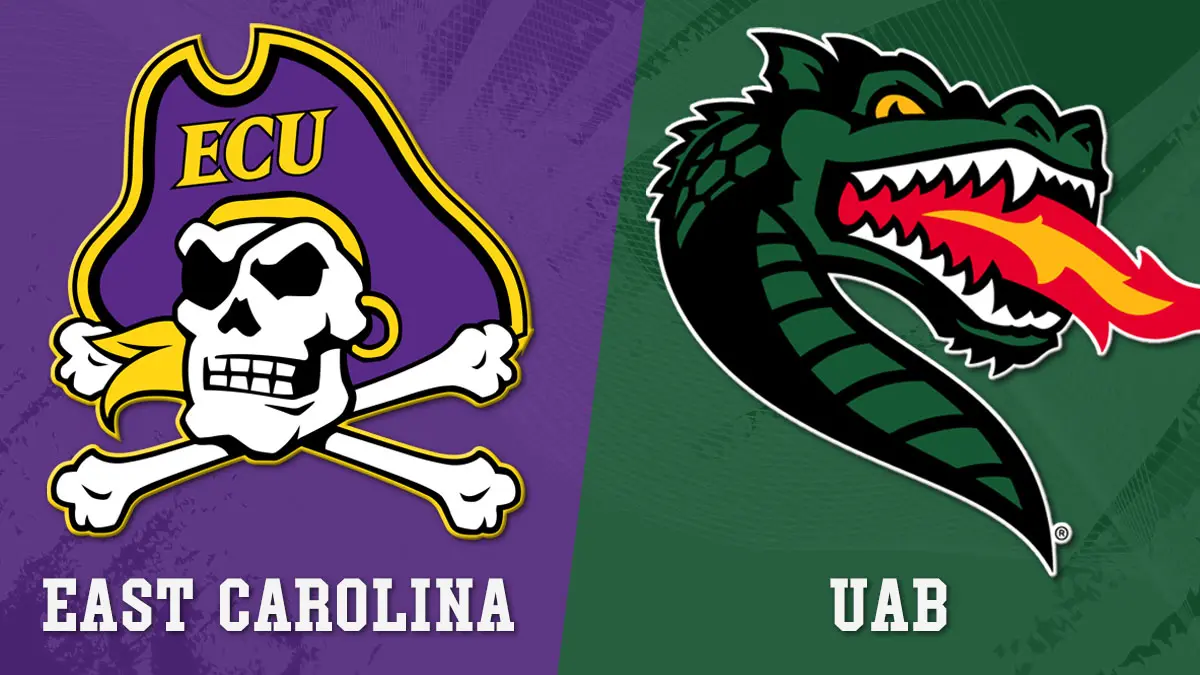 East Carolina at UAB college football matchup graphic for 2026, featuring logos from each team.