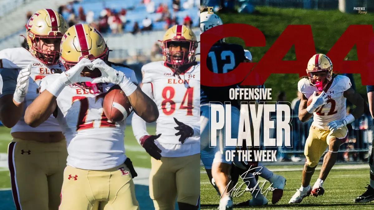 Side-by-side images of Elon running back Kamerin Moore, who rushed for 273 yards against New Hampshire and earned CAA player of the week honors.