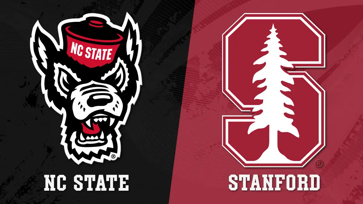 Split-screen graphic with NC State logo on the left and Stanford logo on the right for a college football matchup.