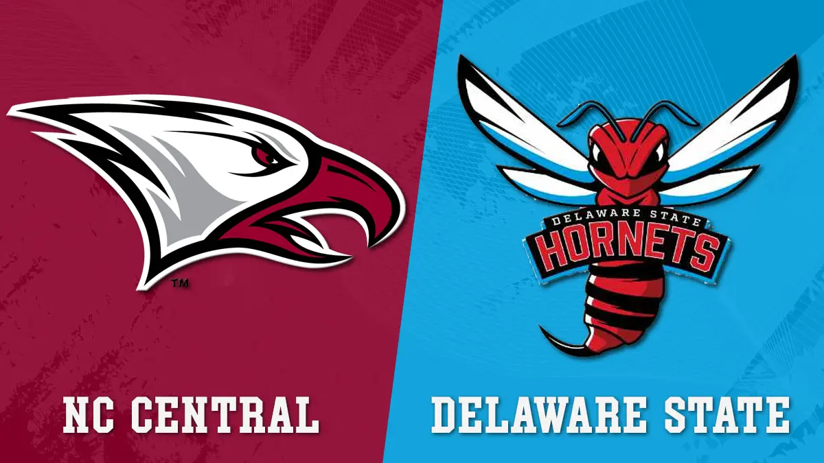 North Carolina Central football vs. Delaware State game graphic featuring the logos from each school.