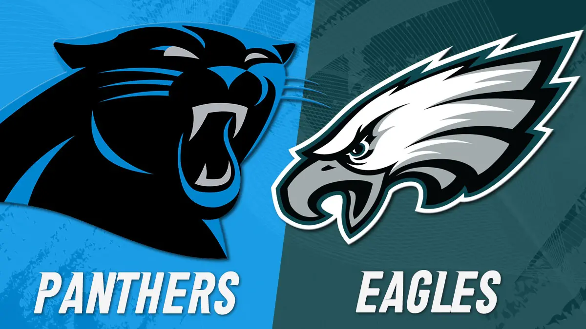 Side-by-side graphics featuring the logos of the Carolina Panthers and Philadelphia Eagles