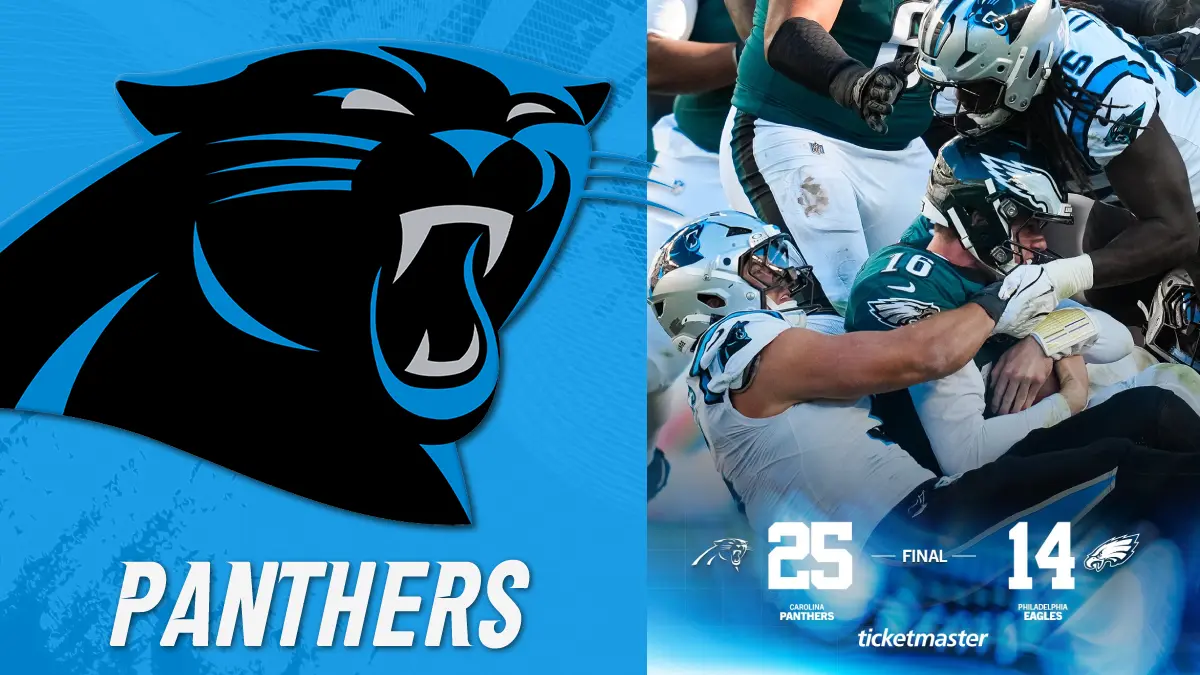 Side-by-side graphic featuring the Carolina Panthers logo and the Panthers’ victory poster after beating the Eagles 25-14