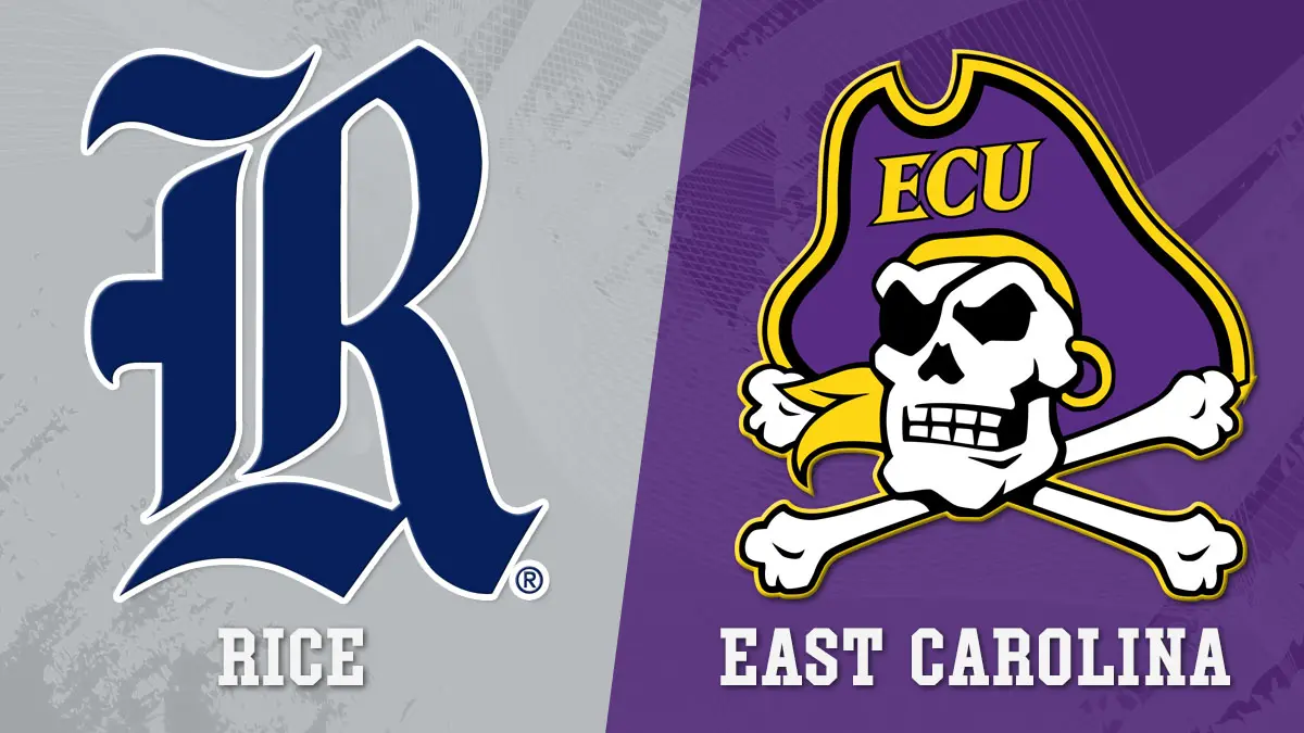 Rice at East Carolina college football matchup graphic 2026, featuring logos from each team.