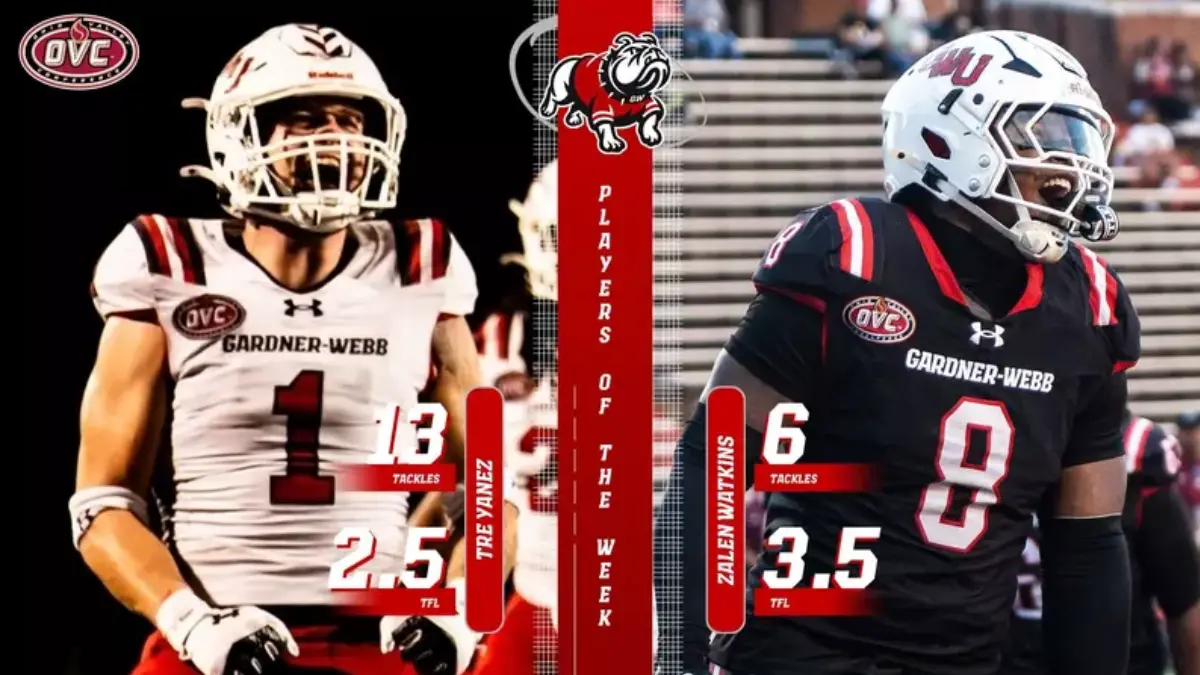 Side-by-side images of Gardner-Webb football players Tre Yanez and Zalen Watkins, winners of weekly Ohio Valley Conference football honors.